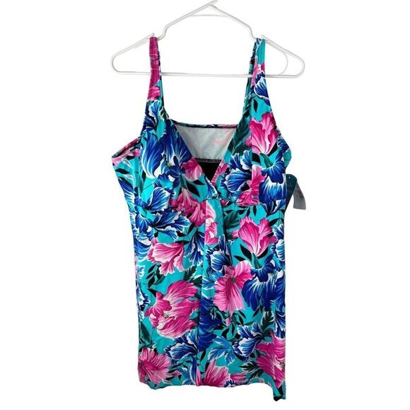 Swim Solutions Plus Size Blue Pink Floral One Piece Swimsuit 22W - Picture 1 of 8